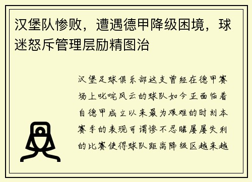 汉堡队惨败，遭遇德甲降级困境，球迷怒斥管理层励精图治