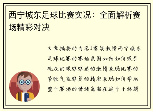 西宁城东足球比赛实况：全面解析赛场精彩对决